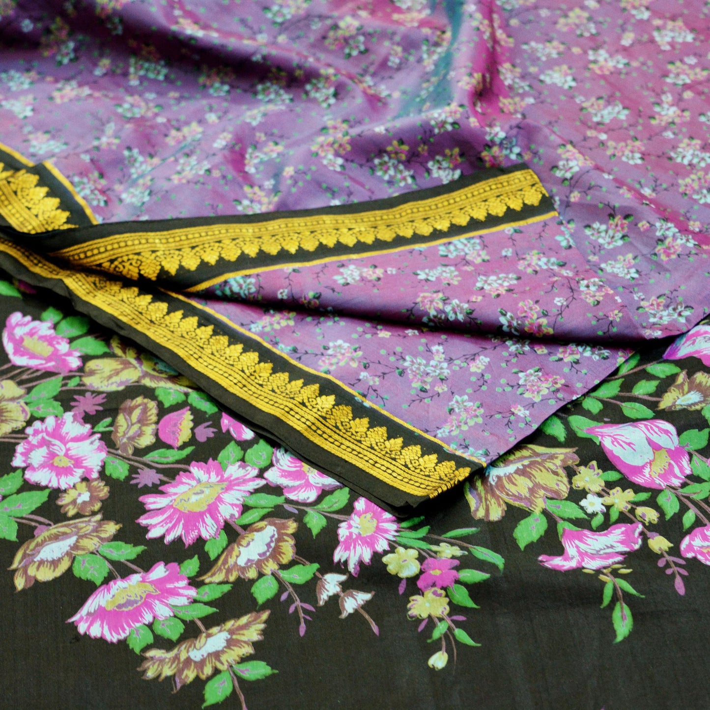 Indian Vintage Sari Black & Purple 100% Pure Silk Printed Saree 5yard Sewing Craft Fabric DressMaking Soft Zari Floral