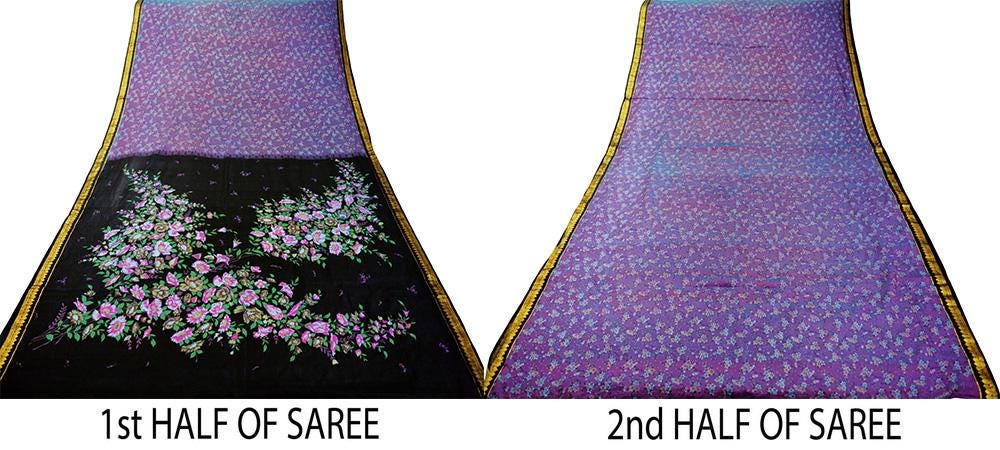 Indian Vintage Sari Black & Purple 100% Pure Silk Printed Saree 5yard Sewing Craft Fabric DressMaking Soft Zari Floral