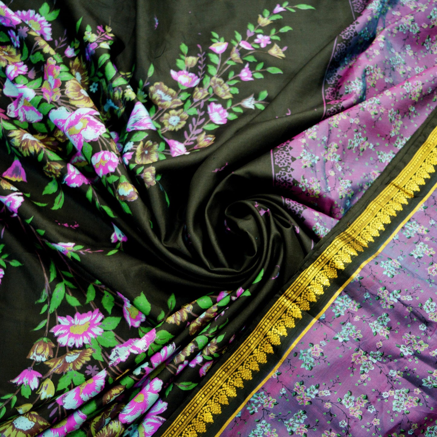 Indian Vintage Sari Black & Purple 100% Pure Silk Printed Saree 5yard Sewing Craft Fabric DressMaking Soft Zari Floral