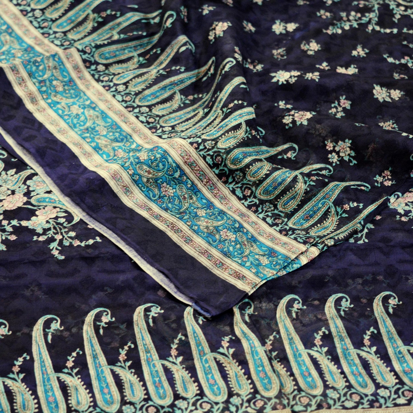 Indian Vintage Sari Deep Blue Pure Silk Printed Sarees 6yard Sewing Craft Fabric DressMaking Soft Floral