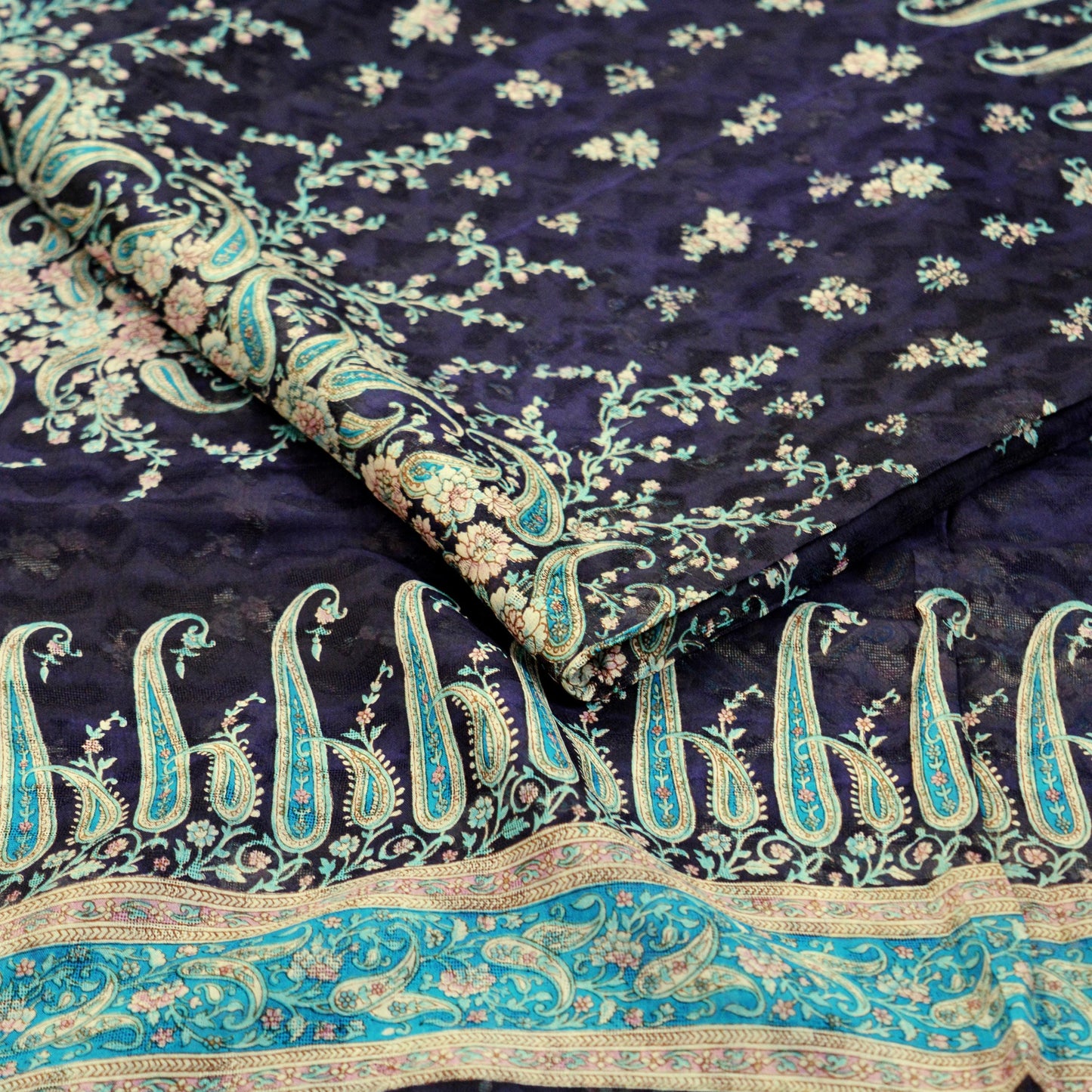 Indian Vintage Sari Deep Blue Pure Silk Printed Sarees 6yard Sewing Craft Fabric DressMaking Soft Floral