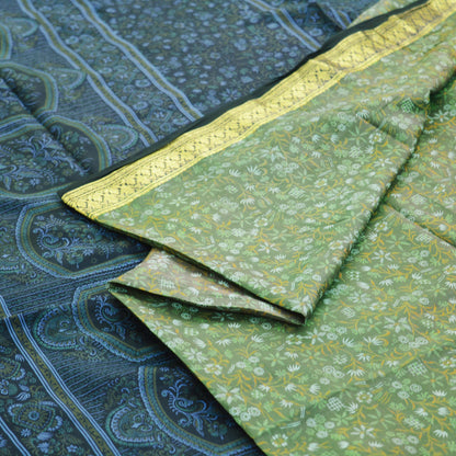 Indian Vintage Sari  Green & Blue 100% Pure Silk Printed Sarees Woven Sari 5yd Sewing Craft Fabric Dress Making Soft Zari Border