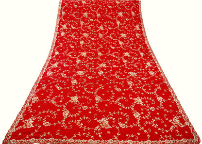 Indian Vintage Heavy Red Dupatta Moss Crepe Long Stole Hand Embroidered Scarf Zardozi/Dabka