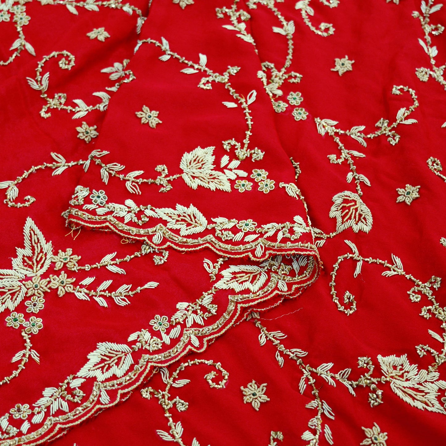 Indian Vintage Heavy Red Dupatta Moss Crepe Long Stole Hand Embroidered Scarf Zardozi/Dabka