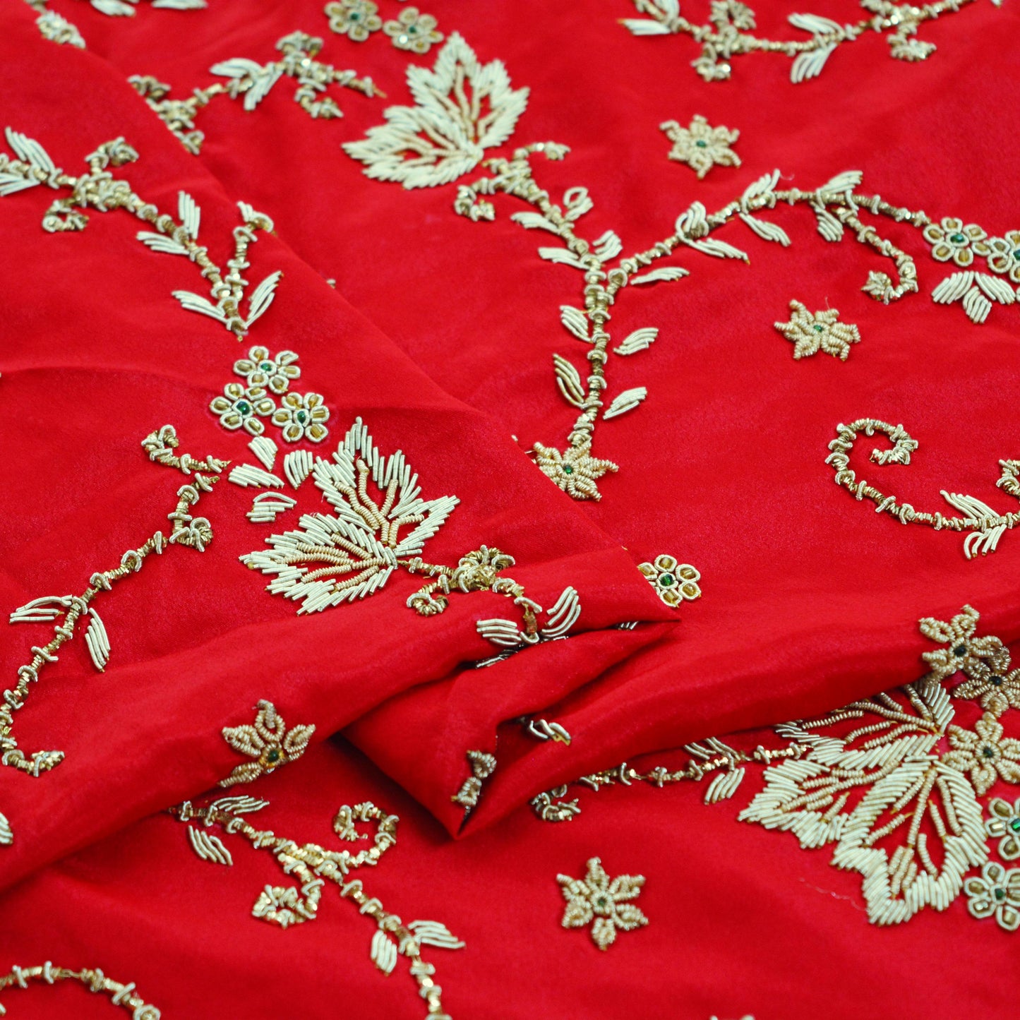 Indian Vintage Heavy Red Dupatta Moss Crepe Long Stole Hand Embroidered Scarf Zardozi/Dabka