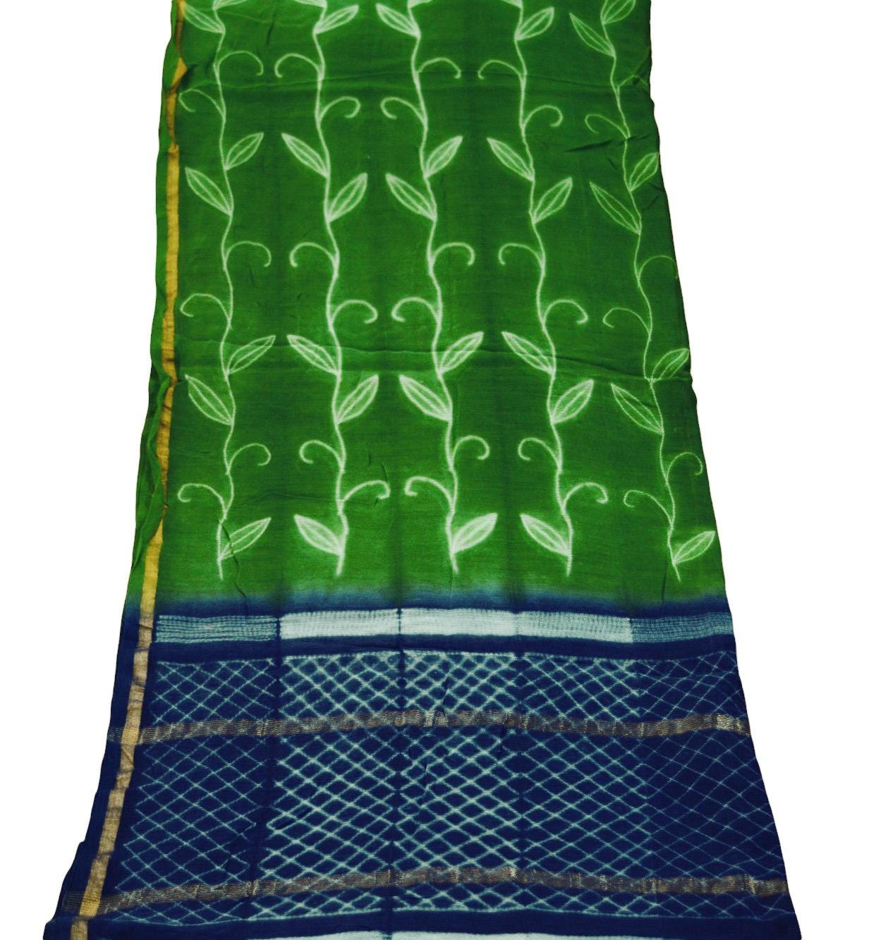 Indian Vintage Blue & Green Dupatta Long Stole Hand Block Print Pure Chanderi Silk Indian Scarves Veil Golden Zari