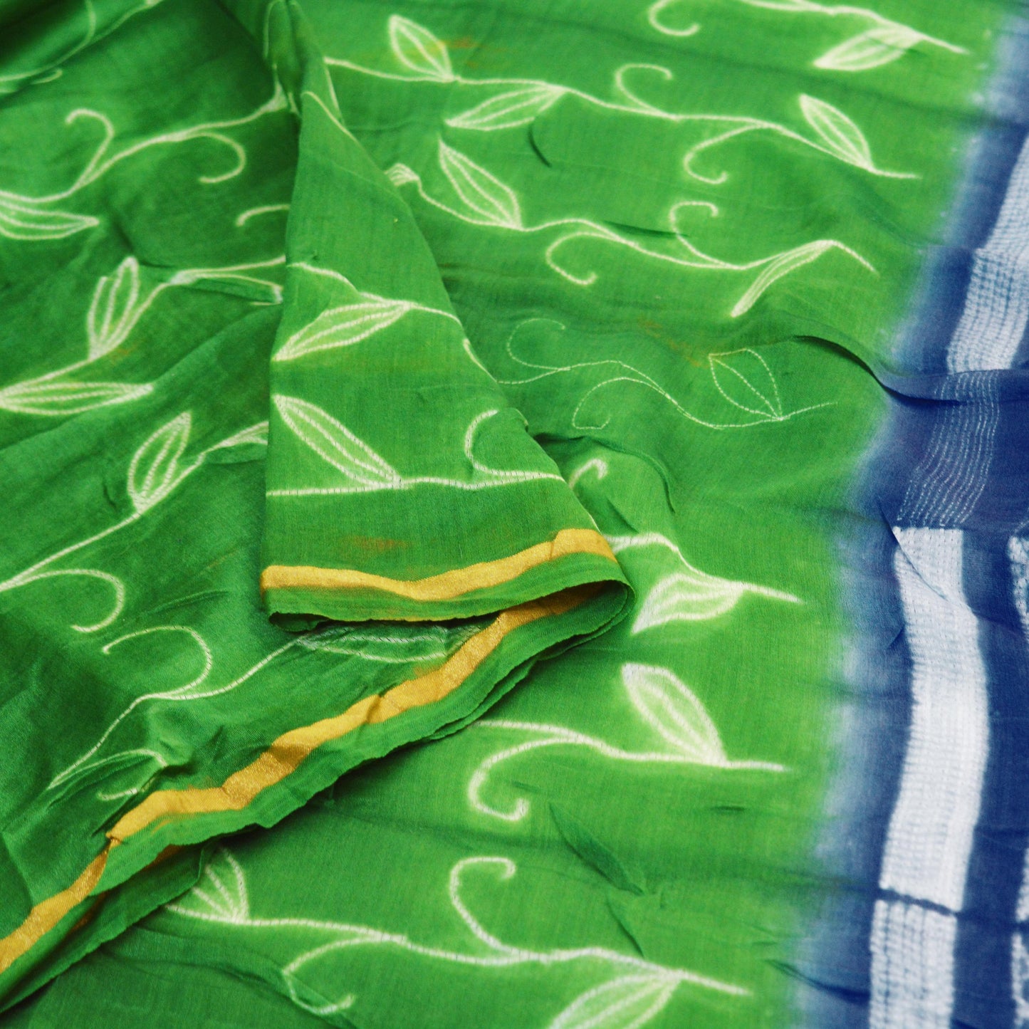 Indian Vintage Blue & Green Dupatta Long Stole Hand Block Print Pure Chanderi Silk Indian Scarves Veil Golden Zari