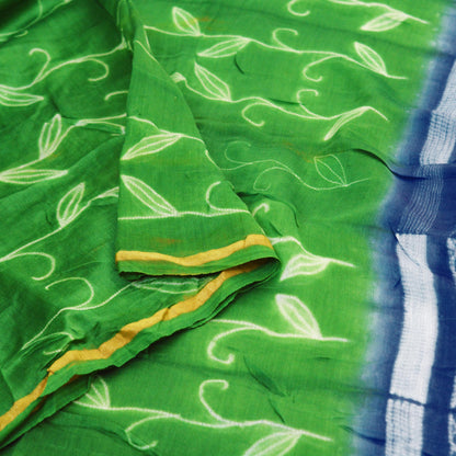 Indian Vintage Blue & Green Dupatta Long Stole Hand Block Print Pure Chanderi Silk Indian Scarves Veil Golden Zari