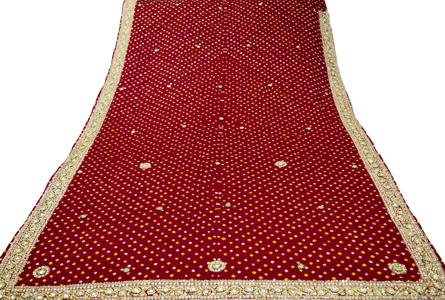Indian Vintage Maroon Saree Hand Embroidered Bandhani Printed Sari 100% Pure Satin Silk Indian Sari Fabric 5yard Soft Craft Fabric Beaded