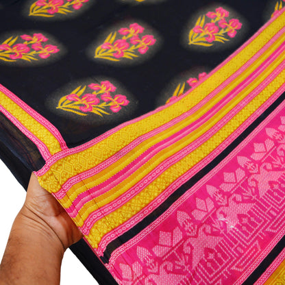 Indian Vintage Sari Pink & Black Printed 100% Pure Cotton Saree Craft Soft Fabric 5Yard Sewing Sarong Wrap Boho Paisley