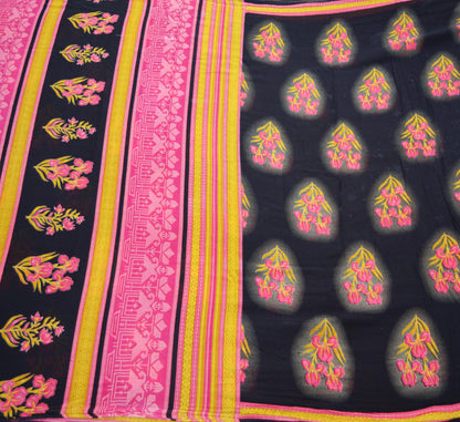 Indian Vintage Sari Pink & Black Printed 100% Pure Cotton Saree Craft Soft Fabric 5Yard Sewing Sarong Wrap Boho Paisley