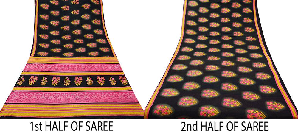 Indian Vintage Sari Pink & Black Printed 100% Pure Cotton Saree Craft Soft Fabric 5Yard Sewing Sarong Wrap Boho Paisley