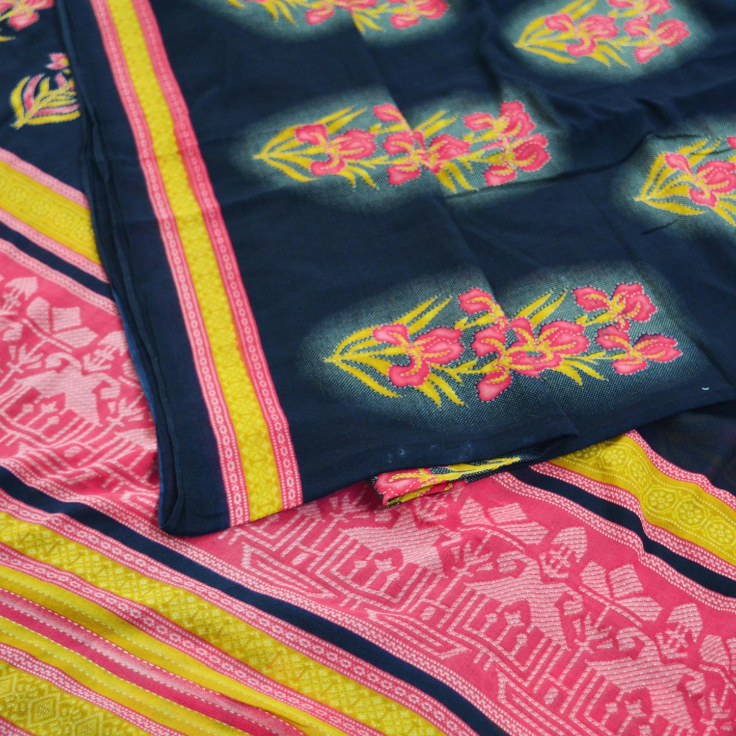 Indian Vintage Sari Pink & Black Printed 100% Pure Cotton Saree Craft Soft Fabric 5Yard Sewing Sarong Wrap Boho Paisley