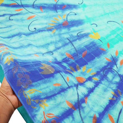Indian Vintage Sari Blue & Green Pure Crepe Silk Printed Saree 5yard Sewing Floral Soft Craft Fabric Wrap