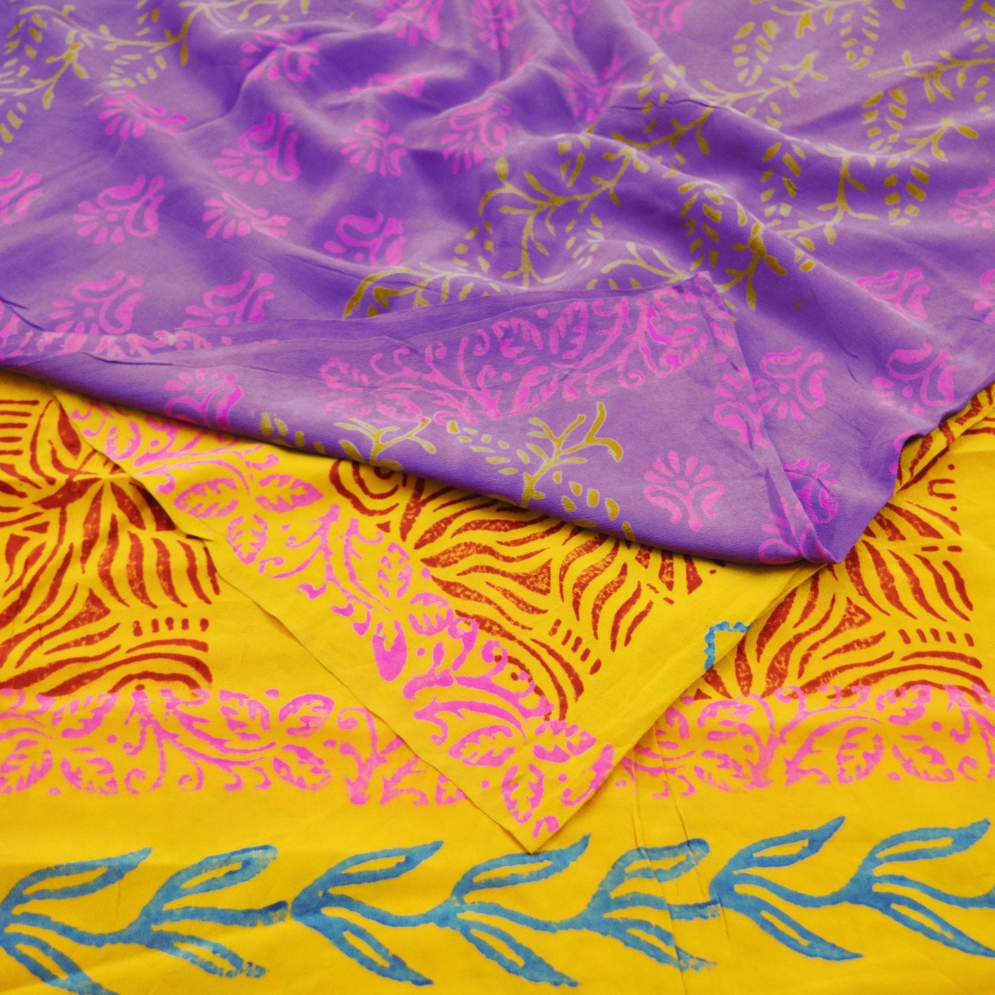 Indian Vintage Sari Yellow & Purple Pure Crepe Silk Block Printed Saree 5yard Sewing Floral Craft Fabric Wrap