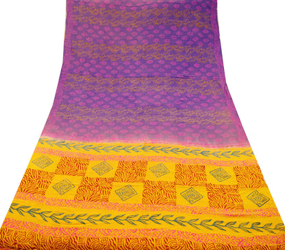 Indian Vintage Sari Yellow & Purple Pure Crepe Silk Block Printed Saree 5yard Sewing Floral Craft Fabric Wrap