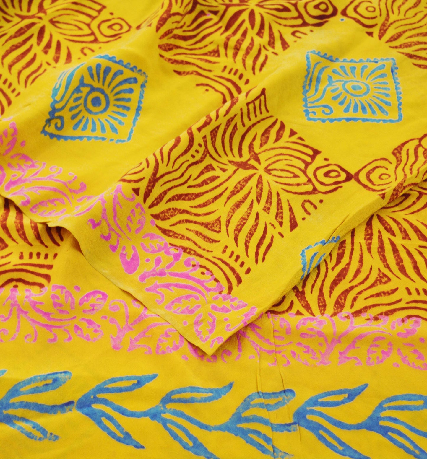 Indian Vintage Sari Yellow & Purple Pure Crepe Silk Block Printed Saree 5yard Sewing Floral Craft Fabric Wrap