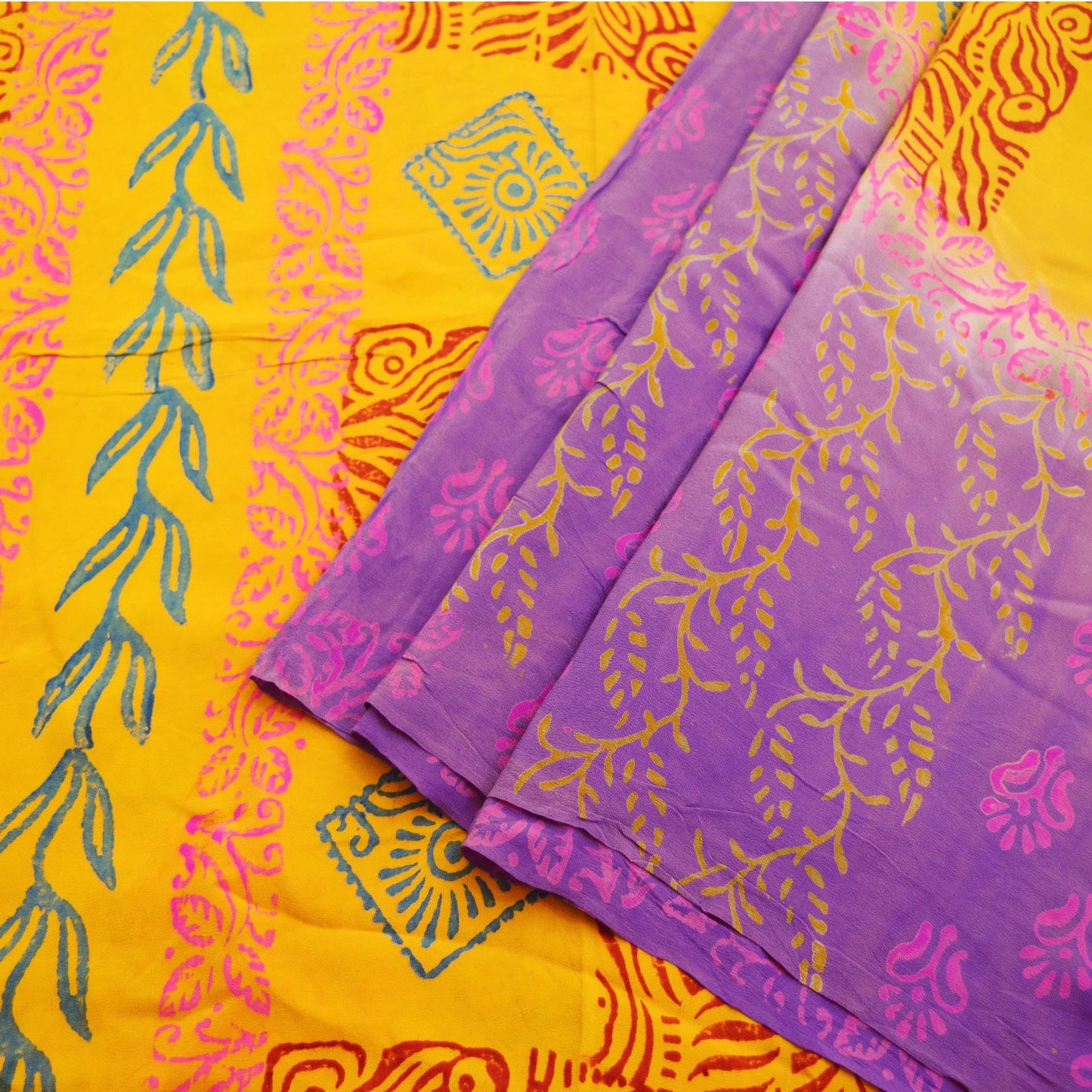 Indian Vintage Sari Yellow & Purple Pure Crepe Silk Block Printed Saree 5yard Sewing Floral Craft Fabric Wrap