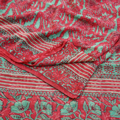 Women Vintage Sari Red 100% Pure Georgette Silk Block Printed Saree Craft Fabric Sewing 5Yard Soft Sari Dress Making