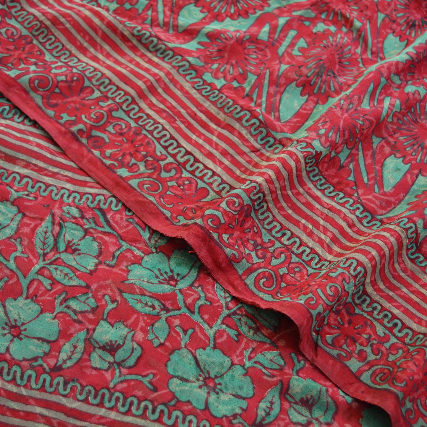 Women Vintage Sari Red 100% Pure Georgette Silk Block Printed Saree Craft Fabric Sewing 5Yard Soft Sari Dress Making