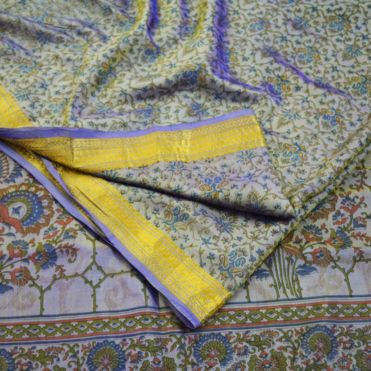 Indian Vintage Sari Purple Pure Silk Printed Saree 5yd Sewing Quilting Craft Fabric DressMaking Soft Zari Used Upcycle