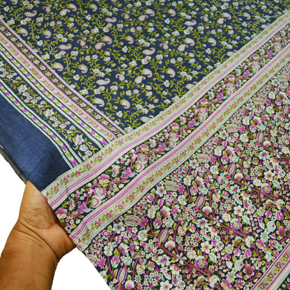 Indian Vintage Sari Blue Pure Silk Printed Saree 6yard Sewing Craft Fabric DressMaking Soft Wrap Floral Wrap used Quilting