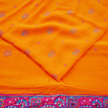 Indian Vintage Sari Orange Pure Crepe Silk Hand Embroidered Saree  5yard Sewing Floral Craft Sequins