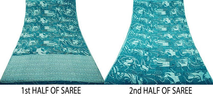 Indian Vintage Sari Blue Pure Crepe Silk Hand Embroidered Saree  5yard Sewing Floral Craft Sequins