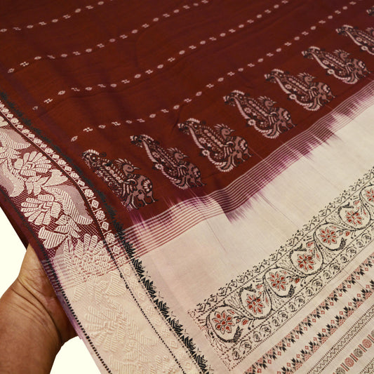 Indian Vintage Sari Maroon & Cream Pure Cotton Hand Woven Baluchari Saree 5yard Ethnic Fringes Peacock