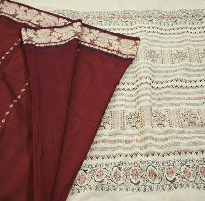 Indian Vintage Sari Maroon & Cream Pure Cotton Hand Woven Baluchari Saree 5yard Ethnic Fringes Peacock