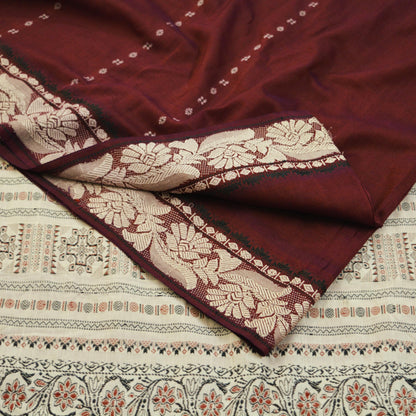Indian Vintage Sari Maroon & Cream Pure Cotton Hand Woven Baluchari Saree 5yard Ethnic Fringes Peacock