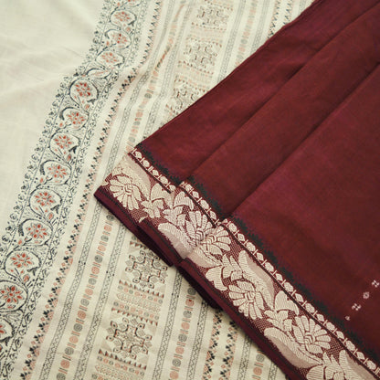 Indian Vintage Sari Maroon & Cream Pure Cotton Hand Woven Baluchari Saree 5yard Ethnic Fringes Peacock