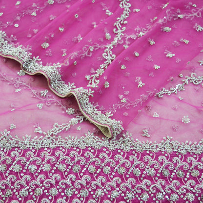 Indian Vintage Heavy Pink Dupatta Net Mesh Long Stole Hand Embroidered Scarves Silver Zardozi Dabka Zari Sequins