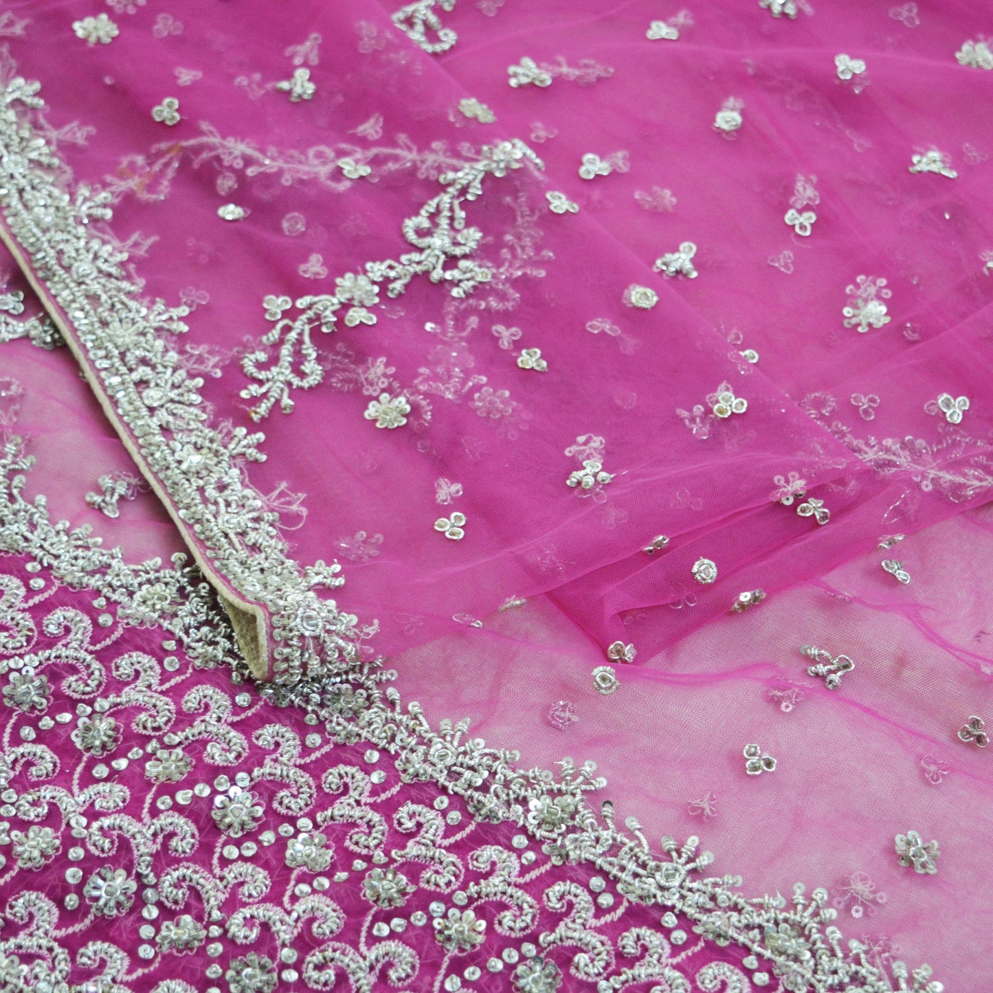 Indian Vintage Heavy Pink Dupatta Net Mesh Long Stole Hand Embroidered Scarves Silver Zardozi Dabka Zari Sequins