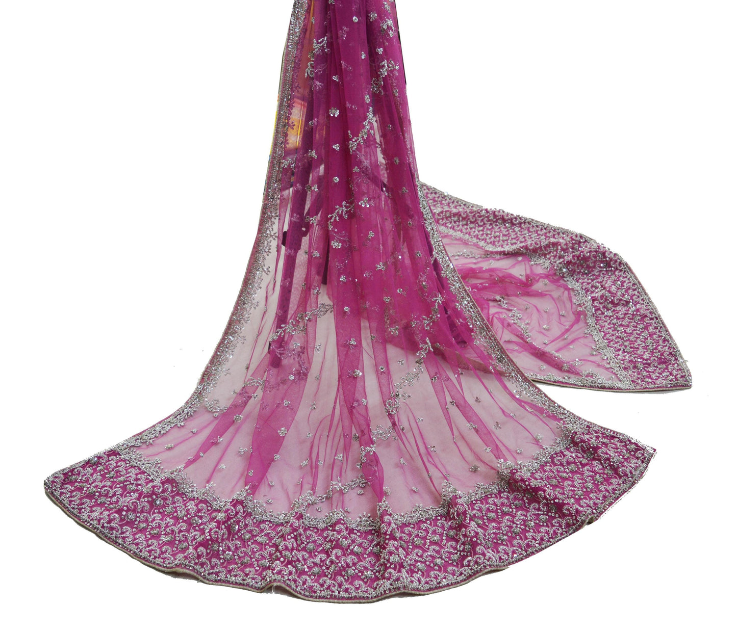 Indian Vintage Heavy Pink Dupatta Net Mesh Long Stole Hand Embroidered Scarves Silver Zardozi Dabka Zari Sequins