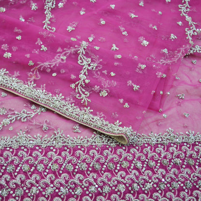 Indian Vintage Heavy Pink Dupatta Net Mesh Long Stole Hand Embroidered Scarves Silver Zardozi Dabka Zari Sequins