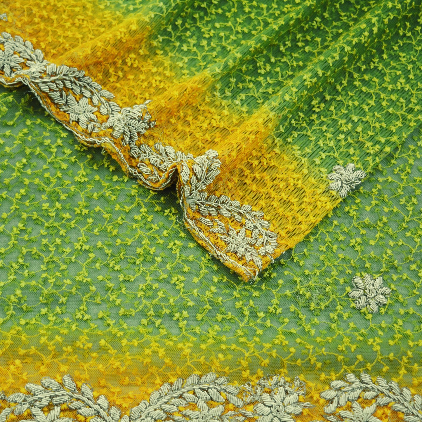 Indian Vintage Heavy Green Dupatta Net Mesh Long Stole Hand Embroidered Scarves Golden Zardozi Zari Sequins