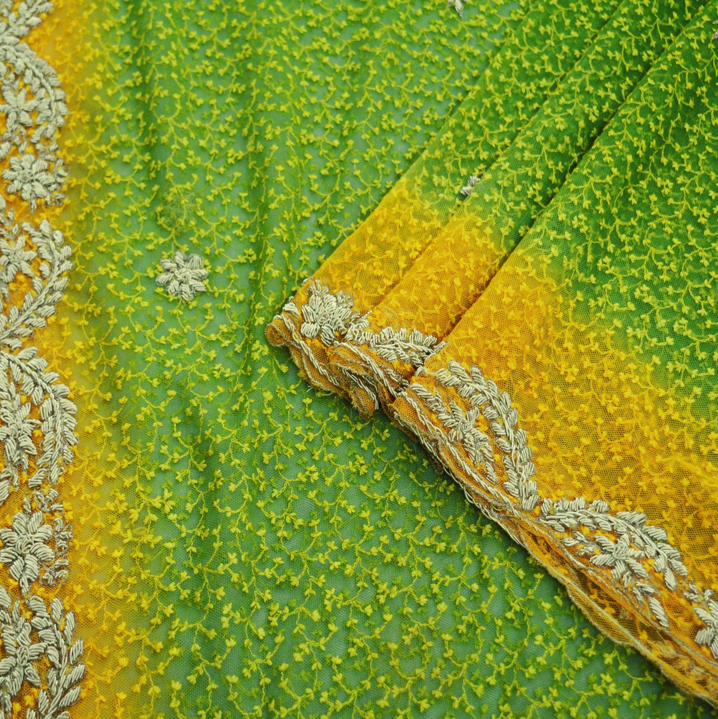 Indian Vintage Heavy Green Dupatta Net Mesh Long Stole Hand Embroidered Scarves Golden Zardozi Zari Sequins