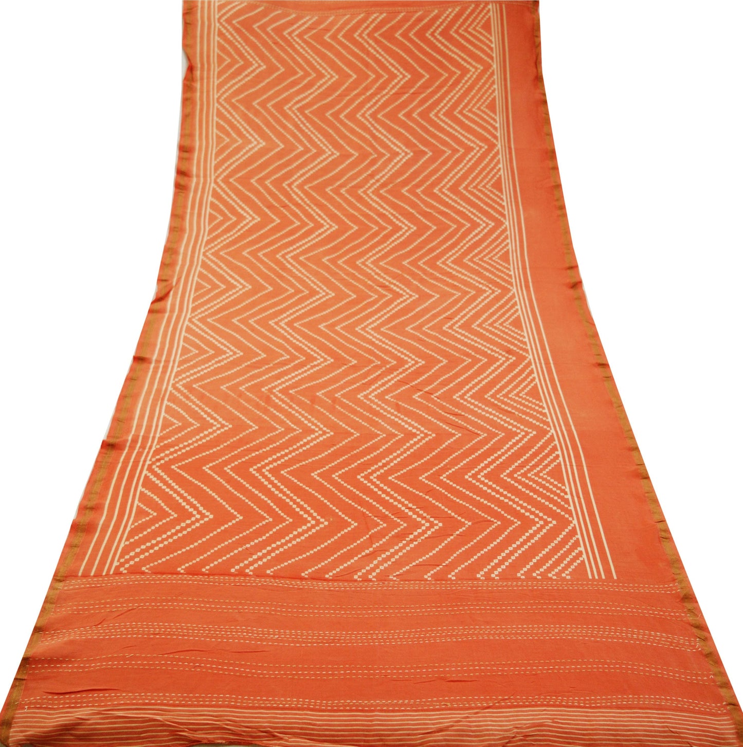 Indian Vintage Orange Dupatta Long Stole Kantha Printed Pure Chanderi Silk Indian Scarves Veil Golden Zari Soft Paisley Design