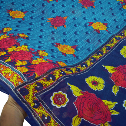 Indian Vintage Sari Blue Printed 100% Pure Cotton Saree Craft Fabric 5Yard Sewing Sarong Wrap Boho Floral