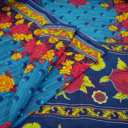 Indian Vintage Sari Blue Printed 100% Pure Cotton Saree Craft Fabric 5Yard Sewing Sarong Wrap Boho Floral