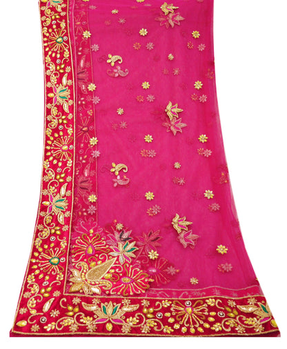 Indian Vintage Heavy Pink Dupatta Net Mesh Long Stole Hand Embroidered Scarf Golden Zardozi Zari Glass Beaded Stole