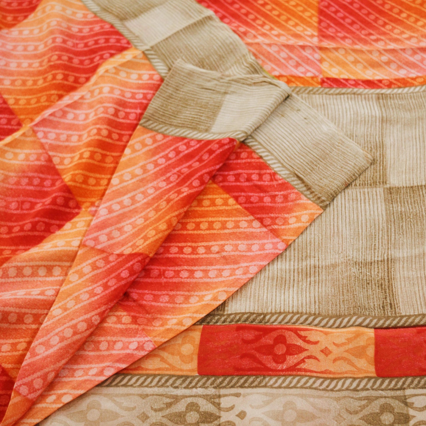 Indian Vintage Sari Red & Peach Pure Crepe Silk Printed Saree 5yard Sewing Geometric Soft Craft Fabric Wrap