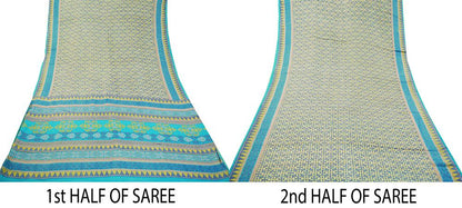 Indian Vintage Sari Turquoise & Gray 100% Pure Silk Saree Printed 5yd Sewing Craft Fabric DressMaking Soft Wrap Upcycle Used Quilting