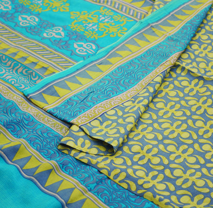 Indian Vintage Sari Turquoise & Gray 100% Pure Silk Saree Printed 5yd Sewing Craft Fabric DressMaking Soft Wrap Upcycle Used Quilting