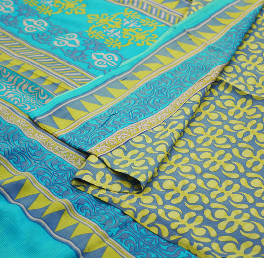 Indian Vintage Sari Turquoise & Gray 100% Pure Silk Saree Printed 5yd Sewing Craft Fabric DressMaking Soft Wrap Upcycle Used Quilting