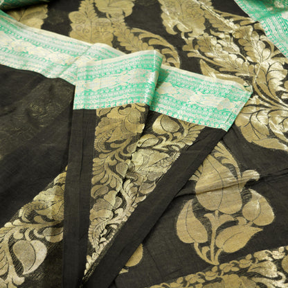 Vintage Sari Black Pure Cotton Hand Woven Saree Golden Zari 5Yard Floral Golden Zari