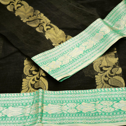 Vintage Sari Black Pure Cotton Hand Woven Saree Golden Zari 5Yard Floral Golden Zari