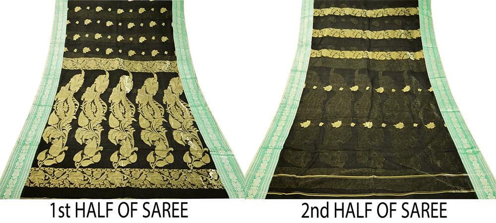 Vintage Sari Black Pure Cotton Hand Woven Saree Golden Zari 5Yard Floral Golden Zari