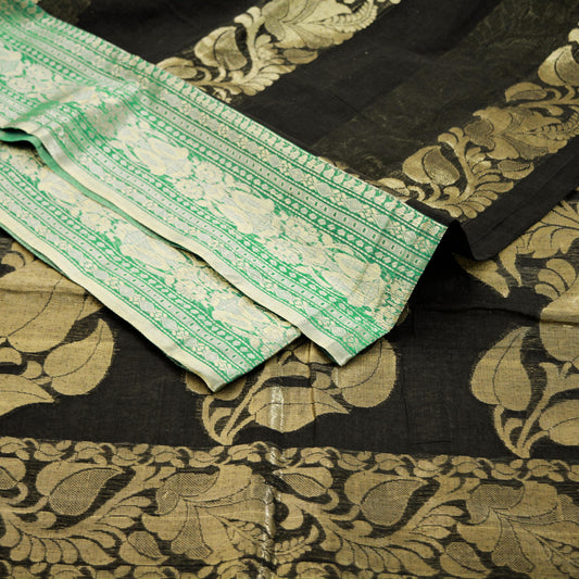 Vintage Sari Black Pure Cotton Hand Woven Saree Golden Zari 5Yard Floral Golden Zari